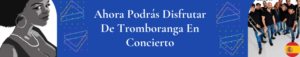 Banner azul con una ilustración en blanco y negro, y una fotografía de la orquesta tromboranga